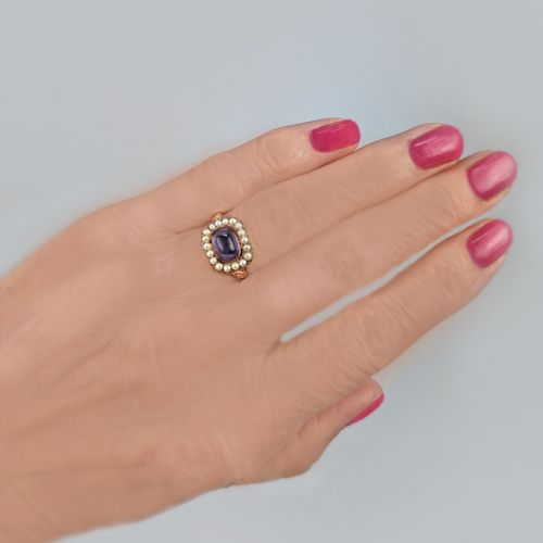 VINTAGE AMETHYST PEARL RING 18CT ROSE GOLD GEORGIAN STYLE CLUSTER RING CIRCA 1950 - ADDITIONAL PHOTO 9