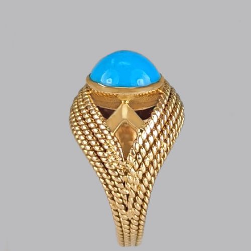 VINTAGE TURQUOISE 18CT GOLD RETRO RING 1950S ROPE TWIST COCKTAIL RING SIZE H 12 - ADDITIONAL PHOTO 5