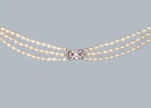 EDWARDIAN PEARL NECKLACE DIAMOND RUBY CLASP ANTIQUE THREE STRAND PEARL CHOKER - ADDITIONAL PHOTO 1