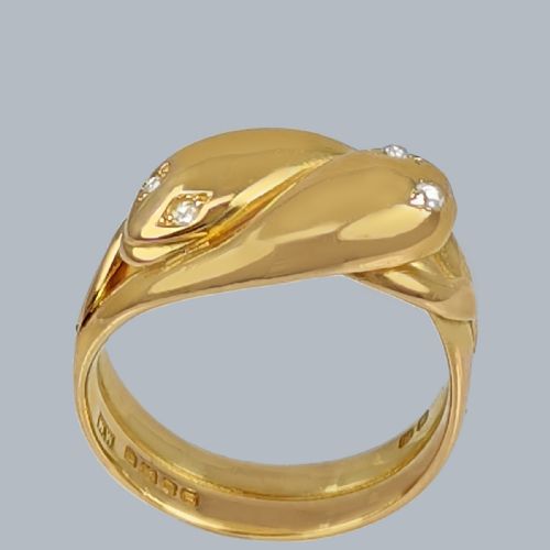 ANTIQUE SNAKE RING DIAMOND EYES 18CT GOLD LONDON 1911 SERPENT RING 15G SIZE V12 - ADDITIONAL PHOTO 1