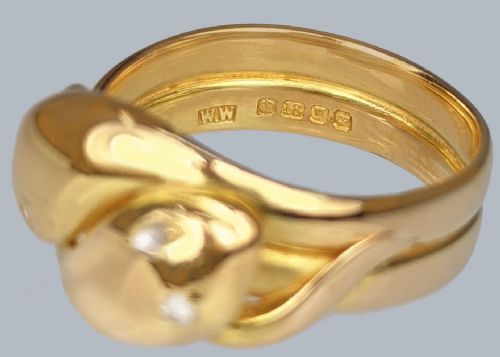 ANTIQUE SNAKE RING DIAMOND EYES 18CT GOLD LONDON 1911 SERPENT RING 15G SIZE V12 - ADDITIONAL PHOTO 2