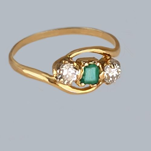 ANTIQUE DIAMOND EMERALD RING 18CT GOLD EDWARDIAN ART DECO TRILOGY TWIST RING - ADDITIONAL PHOTO 3