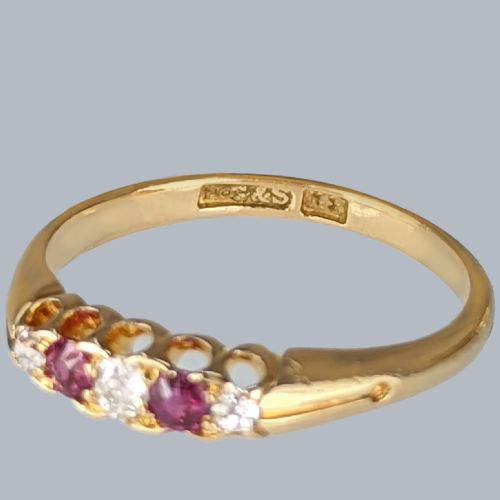 ANTIQUE OLD CUT DIAMOND RUBY 18CT GOLD RING VICTORIAN FIVE STONE VINTAGE RING - ADDITIONAL PHOTO 3