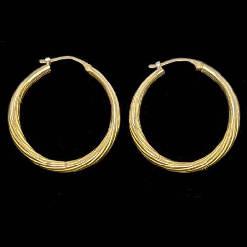 18CT GOLD HOOP EARINGS VINTAGE FRENCH TWISTED FLUTED SPIRAL 1960S EARRINGS 3CM - ADDITIONAL PHOTO 1