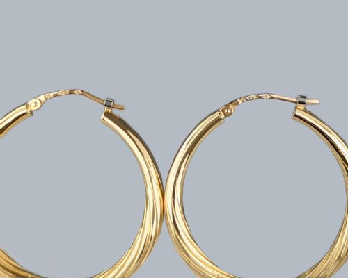 18CT GOLD HOOP EARINGS VINTAGE FRENCH TWISTED FLUTED SPIRAL 1960S EARRINGS 3CM - ADDITIONAL PHOTO 5