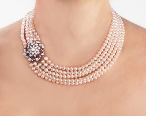 VINTAGE PEARL NECKLACE WITH 40CT OLD CUT DIAMOND EDWARDIAN CLASP FIVE STRAND 16 LONG - ADDITIONAL PHOTO 1