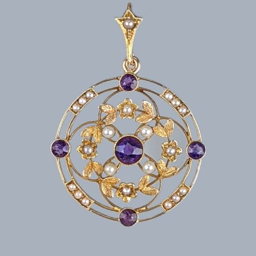 15ct gold amethyst pearl pendant antique foliate pendant edwardian circa 1905 - CATEGORY: ANTIQUE JEWELLERY - DATED EDWARDIAN
