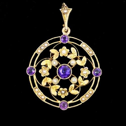 15CT GOLD AMETHYST PEARL PENDANT ANTIQUE FOLIATE PENDANT EDWARDIAN CIRCA 1905 - ADDITIONAL PHOTO 1