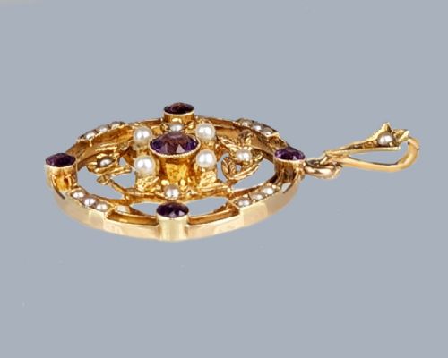 15CT GOLD AMETHYST PEARL PENDANT ANTIQUE FOLIATE PENDANT EDWARDIAN CIRCA 1905 - ADDITIONAL PHOTO 4