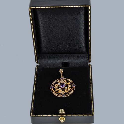 15CT GOLD AMETHYST PEARL PENDANT ANTIQUE FOLIATE PENDANT EDWARDIAN CIRCA 1905 - ADDITIONAL PHOTO 5