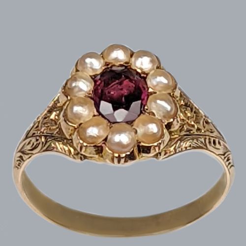 antique garnet natural pearl ring ornate victorian 18ct gold ring circa1890 - CATEGORY: ANTIQUE JEWELLERY - DATED VICTORIAN