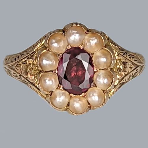 ANTIQUE GARNET NATURAL PEARL RING ORNATE VICTORIAN 18CT GOLD RING CIRCA1890 - ADDITIONAL PHOTO 1