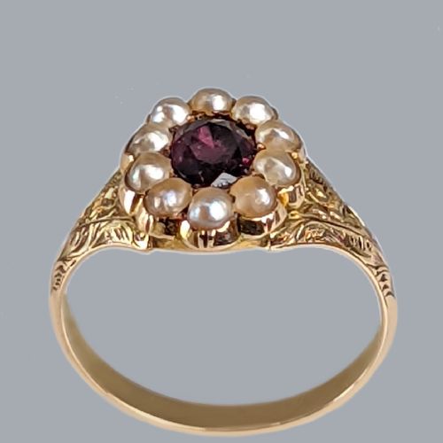 ANTIQUE GARNET NATURAL PEARL RING ORNATE VICTORIAN 18CT GOLD RING CIRCA1890 - ADDITIONAL PHOTO 5
