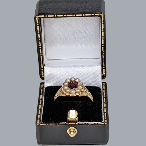 ANTIQUE GARNET NATURAL PEARL RING ORNATE VICTORIAN 18CT GOLD RING CIRCA1890 - ADDITIONAL PHOTO 7