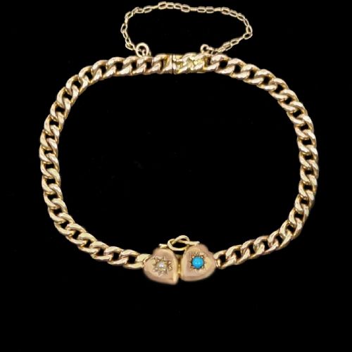 antique 9ct rose gold turquoise pearl heart curb link victorian bracelet - CATEGORY: ANTIQUE JEWELLERY - DATED VICTORIAN