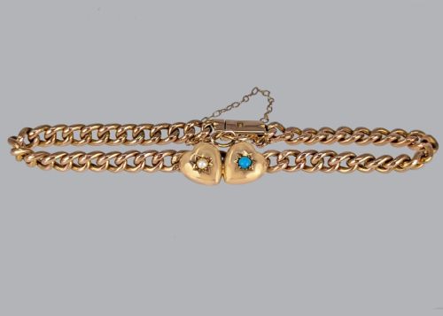 ANTIQUE 9CT ROSE GOLD TURQUOISE PEARL HEART CURB LINK VICTORIAN BRACELET - ADDITIONAL PHOTO 2