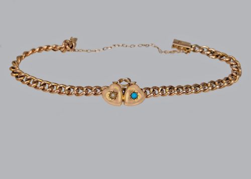 ANTIQUE 9CT ROSE GOLD TURQUOISE PEARL HEART CURB LINK VICTORIAN BRACELET - ADDITIONAL PHOTO 3