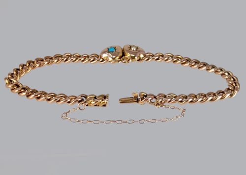 ANTIQUE 9CT ROSE GOLD TURQUOISE PEARL HEART CURB LINK VICTORIAN BRACELET - ADDITIONAL PHOTO 5