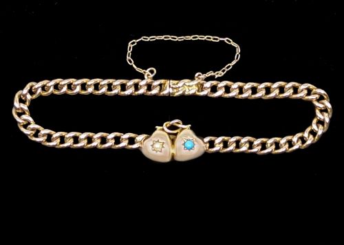 ANTIQUE 9CT ROSE GOLD TURQUOISE PEARL HEART CURB LINK VICTORIAN BRACELET - ADDITIONAL PHOTO 6