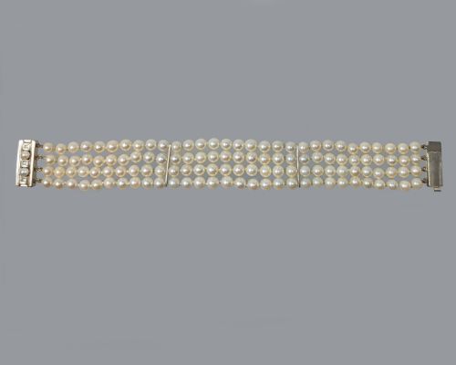 VINTAGE PEARL BRACELET 18CT GOLD DIAMOND CLASP FOUR STRAND 1960S BRACELET - ADDITIONAL PHOTO 3