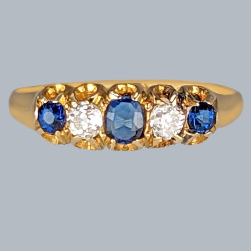 antique sapphire old cut diamond ring 18ct gold victorian 5 stone ring circa 1890 - CATEGORY: ANTIQUE JEWELLERY - DATED VICTORIAN
