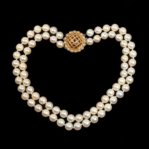 vintage pearl necklace with garnet and pearl clasp two strand 1960s pearl choker - CATEGORY: ANTIQUE JEWELLERY - DATED 1960