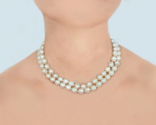 VINTAGE PEARL NECKLACE WITH GARNET AND PEARL CLASP TWO STRAND 1960S PEARL CHOKER - ADDITIONAL PHOTO 2