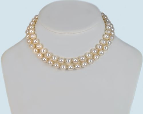 VINTAGE PEARL NECKLACE WITH GARNET AND PEARL CLASP TWO STRAND 1960S PEARL CHOKER - ADDITIONAL PHOTO 3