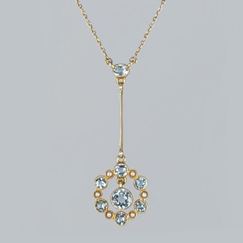 aquamarine and seed pearl necklace 15ct gold edwardian pendant circa1910 - CATEGORY: ANTIQUE JEWELLERY - DATED EDWARDIAN