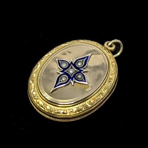 VICTORIAN PEARL LOCKET ROSE AND YELLOW 9CT GOLD BLUE ENAMEL STAR MOTIF PHOTO LOCKET - ADDITIONAL PHOTO 1