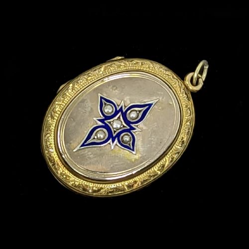 VICTORIAN PEARL LOCKET ROSE AND YELLOW 9CT GOLD BLUE ENAMEL STAR MOTIF PHOTO LOCKET - ADDITIONAL PHOTO 2
