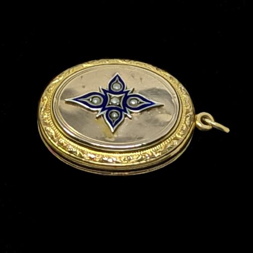VICTORIAN PEARL LOCKET ROSE AND YELLOW 9CT GOLD BLUE ENAMEL STAR MOTIF PHOTO LOCKET - ADDITIONAL PHOTO 3