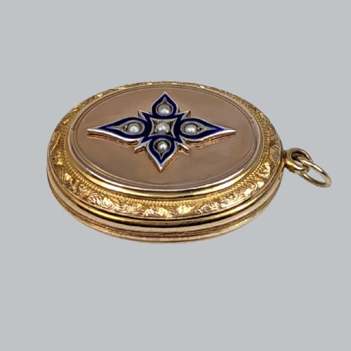 VICTORIAN PEARL LOCKET ROSE AND YELLOW 9CT GOLD BLUE ENAMEL STAR MOTIF PHOTO LOCKET - ADDITIONAL PHOTO 4