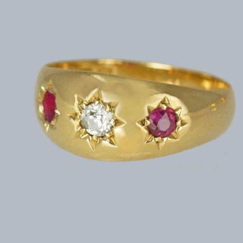 ANTIQUE DIAMOND RUBY TRILOGY RING 18CT GOLD EDWARDIAN GYPSY RING BIRMINGHAM 1906 - ADDITIONAL PHOTO 1