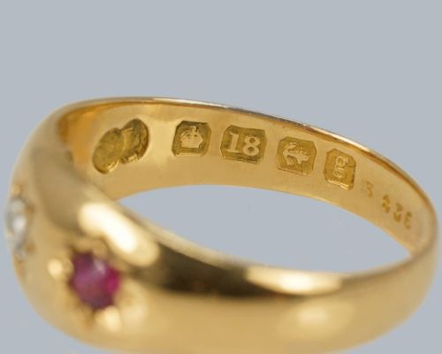 ANTIQUE DIAMOND RUBY TRILOGY RING 18CT GOLD EDWARDIAN GYPSY RING BIRMINGHAM 1906 - ADDITIONAL PHOTO 2