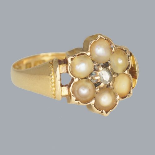 VICTORIAN PEARL AND DIAMOND RING 15CT GOLD ANTIQUE CLUSTER RING BIRMINGHAM 1882 - ADDITIONAL PHOTO 1