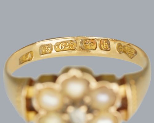 VICTORIAN PEARL AND DIAMOND RING 15CT GOLD ANTIQUE CLUSTER RING BIRMINGHAM 1882 - ADDITIONAL PHOTO 3