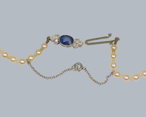 VINTAGE PEARL NECKLACE SAPPHIRE DIAMOND CLASP 1930S SINGLE STRAND ANTIQUE PEARL NECKLACE - ADDITIONAL PHOTO 4