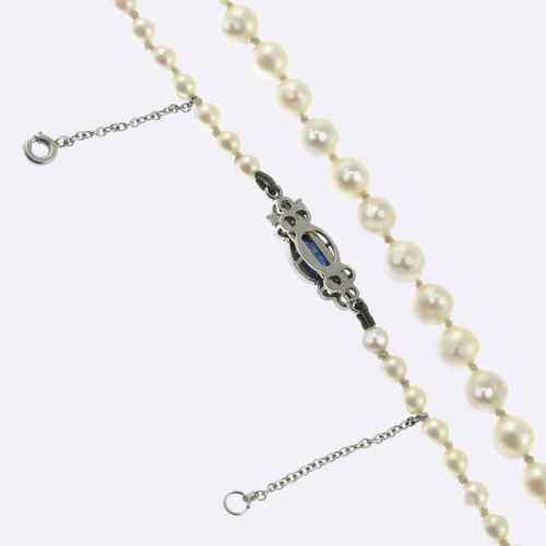 VINTAGE PEARL NECKLACE SAPPHIRE DIAMOND CLASP 1930S SINGLE STRAND ANTIQUE PEARL NECKLACE - ADDITIONAL PHOTO 6