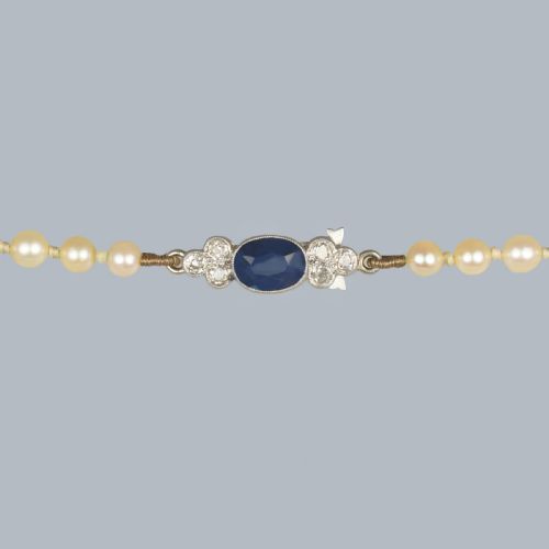 VINTAGE PEARL NECKLACE SAPPHIRE DIAMOND CLASP 1930S SINGLE STRAND ANTIQUE PEARL NECKLACE - ADDITIONAL PHOTO 7
