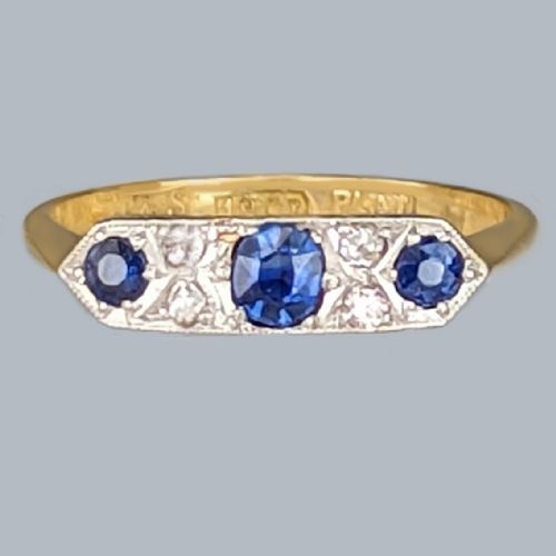 ART DECO SAPPHIRE DIAMOND RING 18CT GOLD PLAT VINTAGE 1930S RING BY W H TANDY - ADDITIONAL PHOTO 1