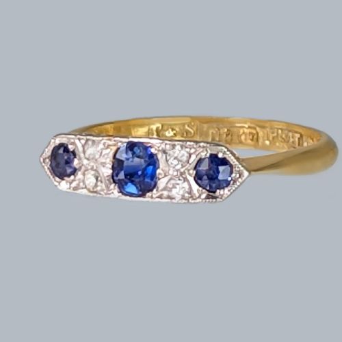 ART DECO SAPPHIRE DIAMOND RING 18CT GOLD PLAT VINTAGE 1930S RING BY W H TANDY - ADDITIONAL PHOTO 2