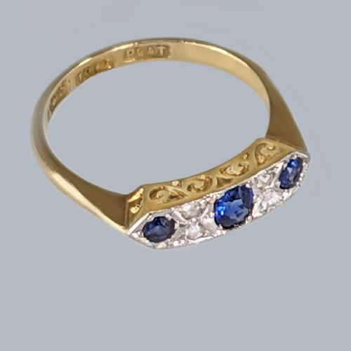 ART DECO SAPPHIRE DIAMOND RING 18CT GOLD PLAT VINTAGE 1930S RING BY W H TANDY - ADDITIONAL PHOTO 3