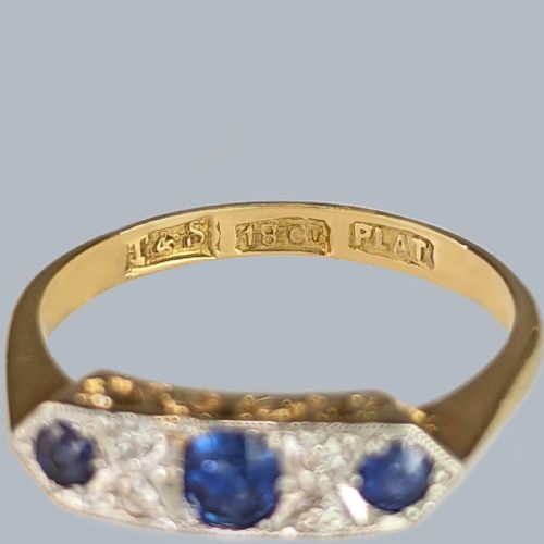 ART DECO SAPPHIRE DIAMOND RING 18CT GOLD PLAT VINTAGE 1930S RING BY W H TANDY - ADDITIONAL PHOTO 4