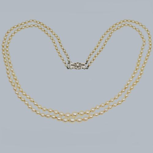 vintage 2 row pearl necklace 9ct gold diamond clasp 1950s double strand pearls hallmarked birmingham 1955 - CATEGORY: ANTIQUE JEWELLERY - DATED 1950
