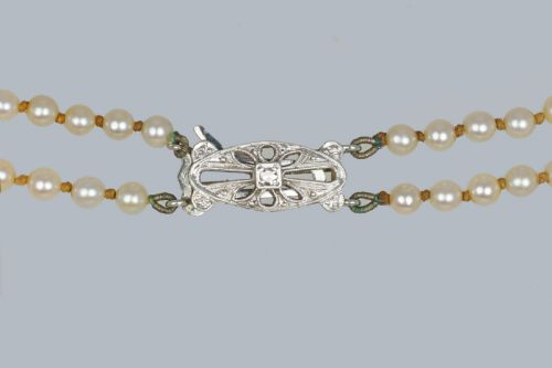 VINTAGE 2 ROW PEARL NECKLACE 9CT GOLD DIAMOND CLASP 1950S DOUBLE STRAND PEARLS HALLMARKED BIRMINGHAM 1955 - ADDITIONAL PHOTO 4