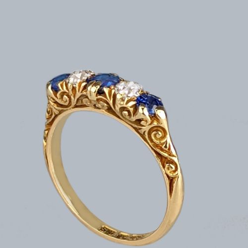 victorian sapphire and diamond ring 18ct gold ornate antique five stone ring - CATEGORY: ANTIQUE JEWELLERY - DATED VICTORIAN