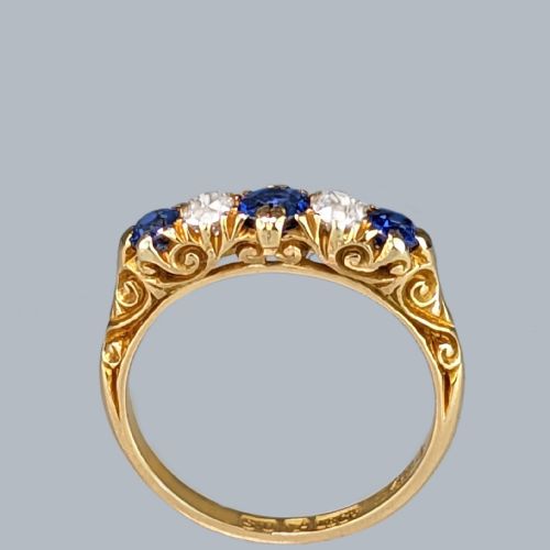 VICTORIAN SAPPHIRE AND DIAMOND RING 18CT GOLD ORNATE ANTIQUE FIVE STONE RING - ADDITIONAL PHOTO 1