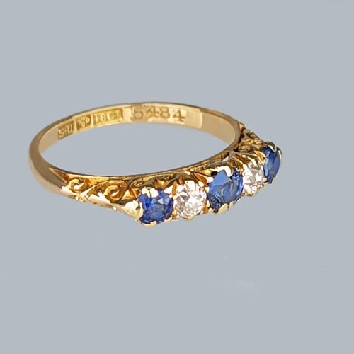 VICTORIAN SAPPHIRE AND DIAMOND RING 18CT GOLD ORNATE ANTIQUE FIVE STONE RING - ADDITIONAL PHOTO 3