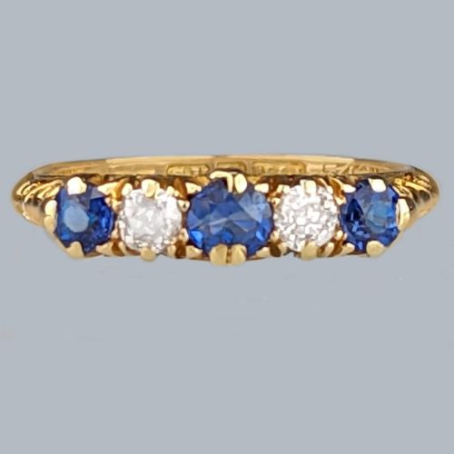VICTORIAN SAPPHIRE AND DIAMOND RING 18CT GOLD ORNATE ANTIQUE FIVE STONE RING - ADDITIONAL PHOTO 4